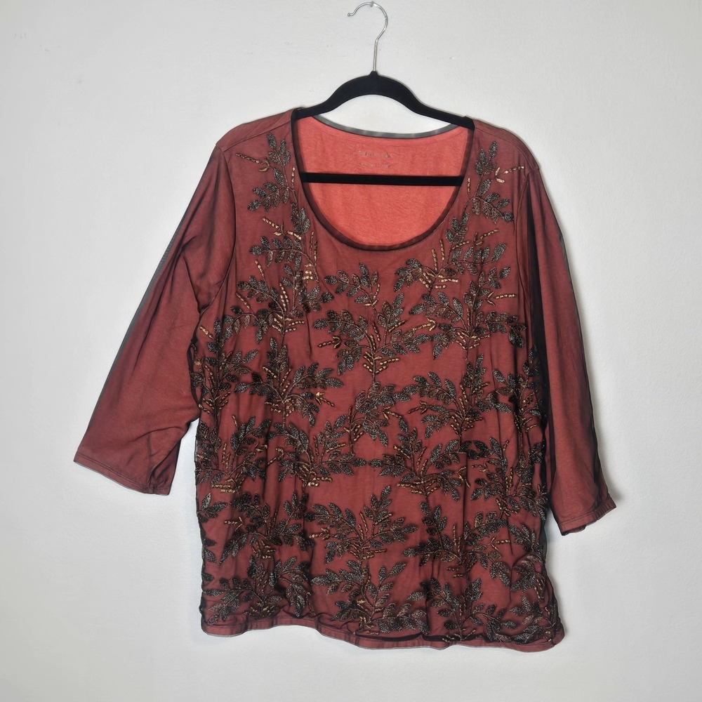 Coldwater Creek Blouse Women's 3X Orange Black Mesh Overlay Floral Round Neck